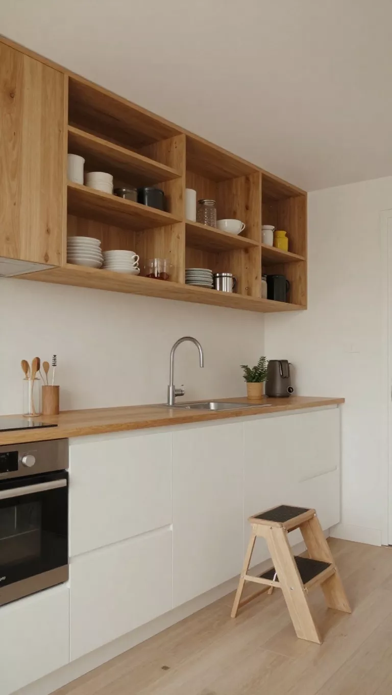 A small kitchen with a wall featuring cabinets and open shelving running all the way to the ceiling, storing rarely used items up high, with a stylish, compact step stool resting nearby, making the elevated storage accessible.