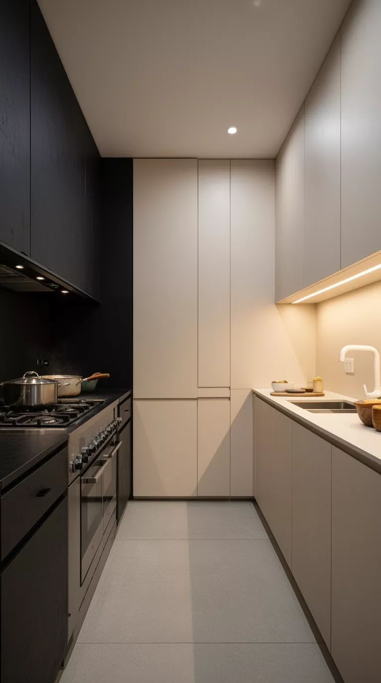 A small galley kitchen, with one side featuring dark, functional cabinetry and appliances for heavy cooking, and the opposite side designed as a 'quiet' run of lighter-toned storage and open counter space, with subtle lighting, making the room visually wider.