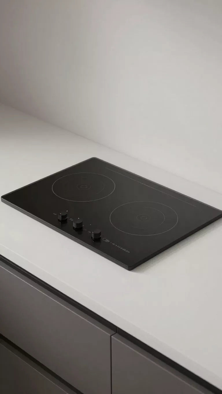 A small kitchen countertop featuring a sleek, black induction cooktop, which is designed to be very shallow and doubles as additional work surface when not in use, contributing to a visually simple and modern space.