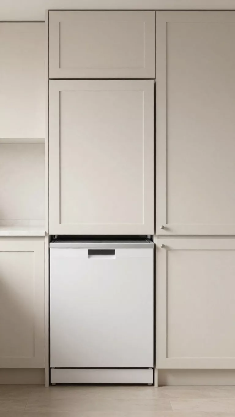 A small kitchen featuring sleek, integrated appliances with panel-ready fronts that perfectly match the light-colored cabinetry, including a compact dishwasher and a narrower refrigerator, making them almost disappear for a streamlined look.