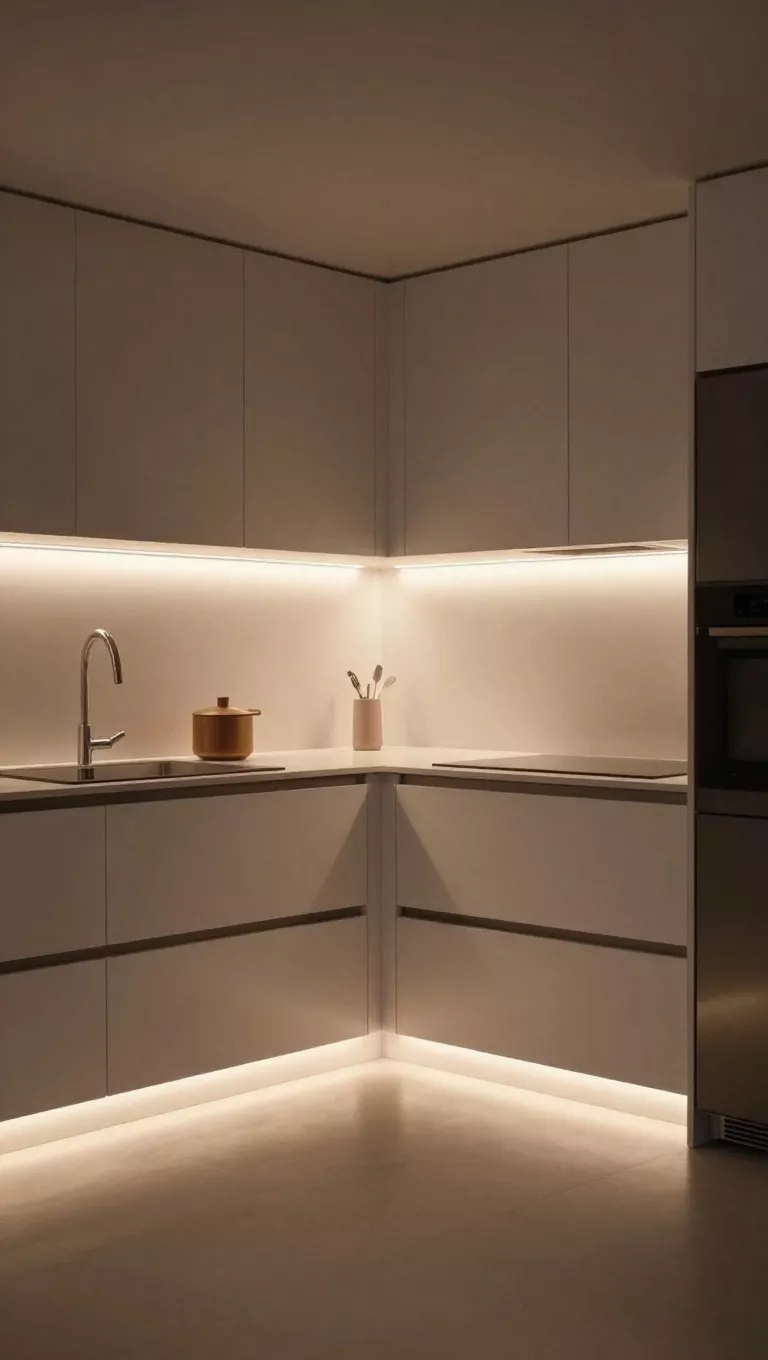 A small kitchen illuminated by discreet LED strips installed both under the cabinets and along the toe-kicks, casting a soft, warm glow that makes the space feel more spacious and luxurious at night.