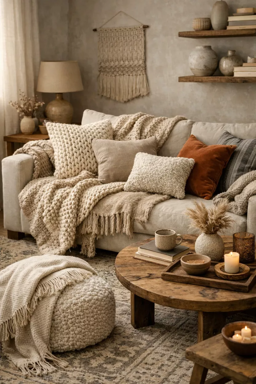 A small living room with soft, layered textiles including chunky knits, bouclé, linen, and velvet cushions and throws, creating a tactile nesting feeling with subtle patterns and rich textures.