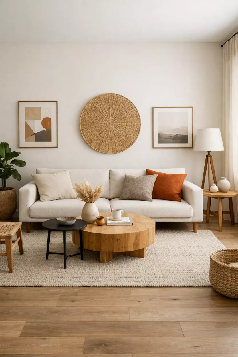 A small living room featuring a low-profile, lounge-style sofa with slim arms, allowing more visible floor and wall surface, making the room feel larger and embodying a relaxed, comfortable trend for 2026.