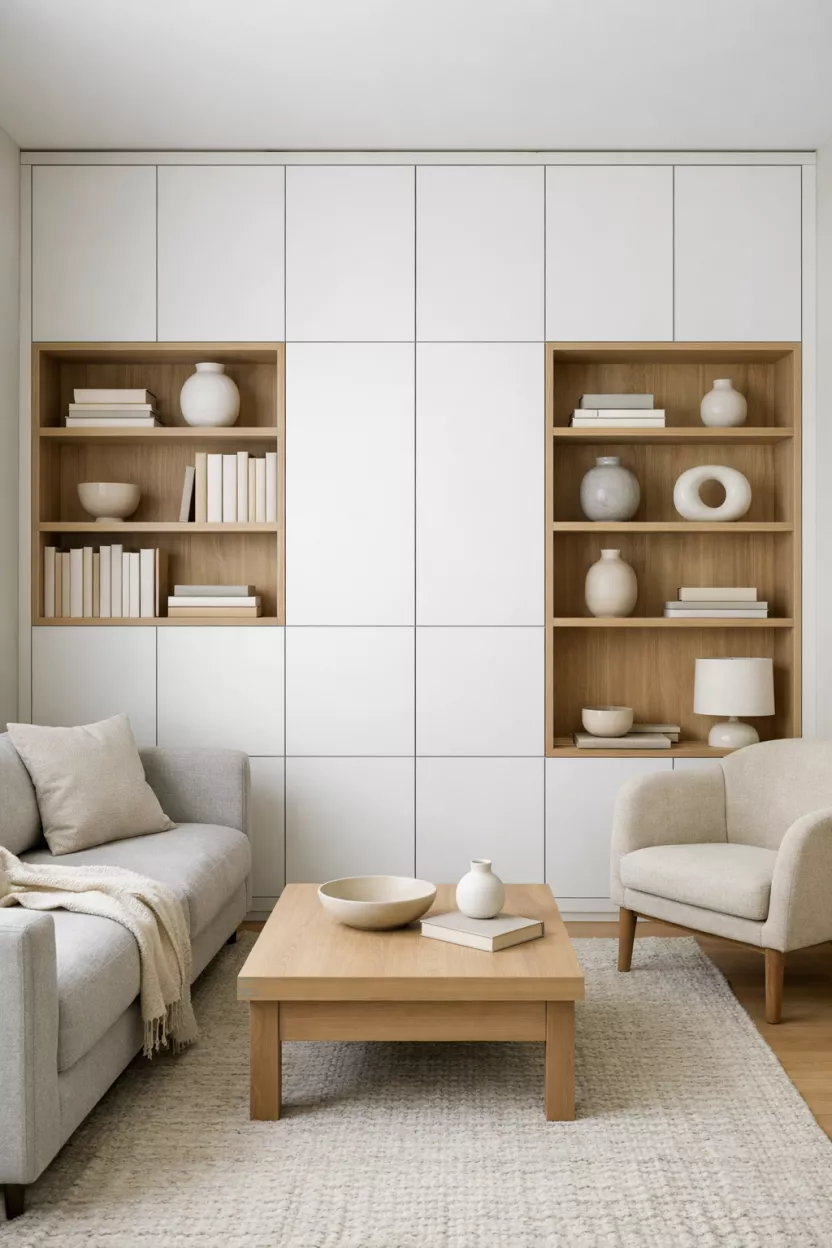 A small living room transformed by a floor-to-ceiling storage wall with a mix of closed cabinets and open niches, minimally styled with books and ceramics to function as decor without visual clutter.