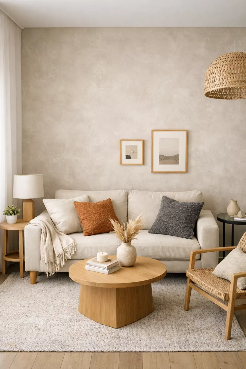 A small living room featuring a feature wall with a subtle textured treatment like limewash, microcement, or delicate wallpaper behind the sofa, adding depth and visual interest without cluttering the compact space.