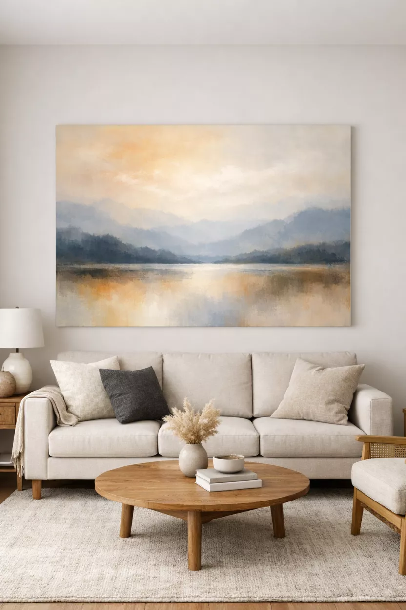 A small living room featuring one large-scale art piece above the sofa, simplifying sightlines and making the walls feel more expansive without adding visual clutter.