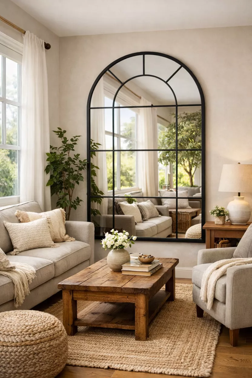 A small living room with a large, arched mirror placed opposite a window, reflecting light and the outdoor scenery to make the room feel brighter and more expansive.