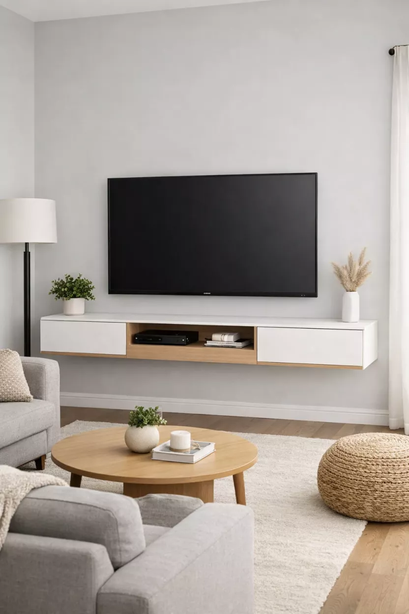 A small living room featuring a wall-mounted TV with a floating console underneath, incorporating integrated cable management for a clean, uncluttered look that frees up floor space.