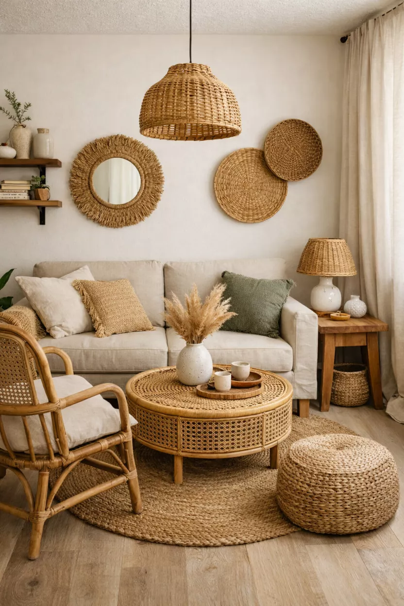 A small living room decorated with nature-inspired materials like rattan, cane, jute, linen, and ceramic accents, adding depth and character without overwhelming the compact space.