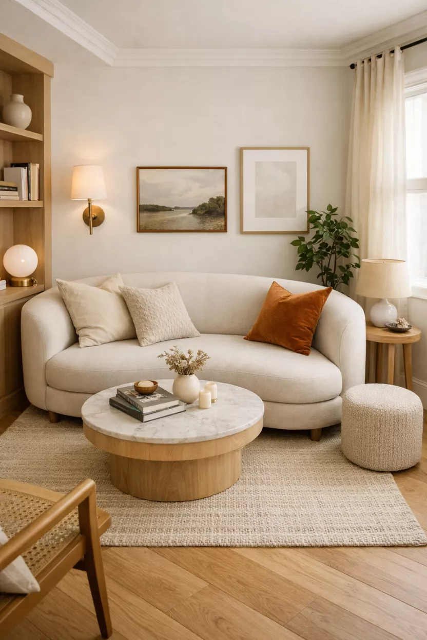 A small living room incorporating a round, softly curved sofa with an elegant design, helping to soften boxy corners and improving the flow around furniture in the compact space.