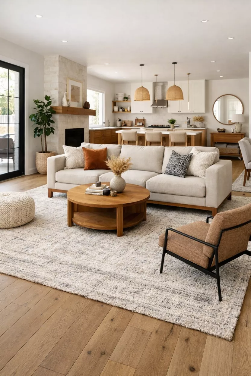 An open-plan living room defined by one generous rug, with the front legs of the sofa placed on it, creating an anchored and intentional seating area.