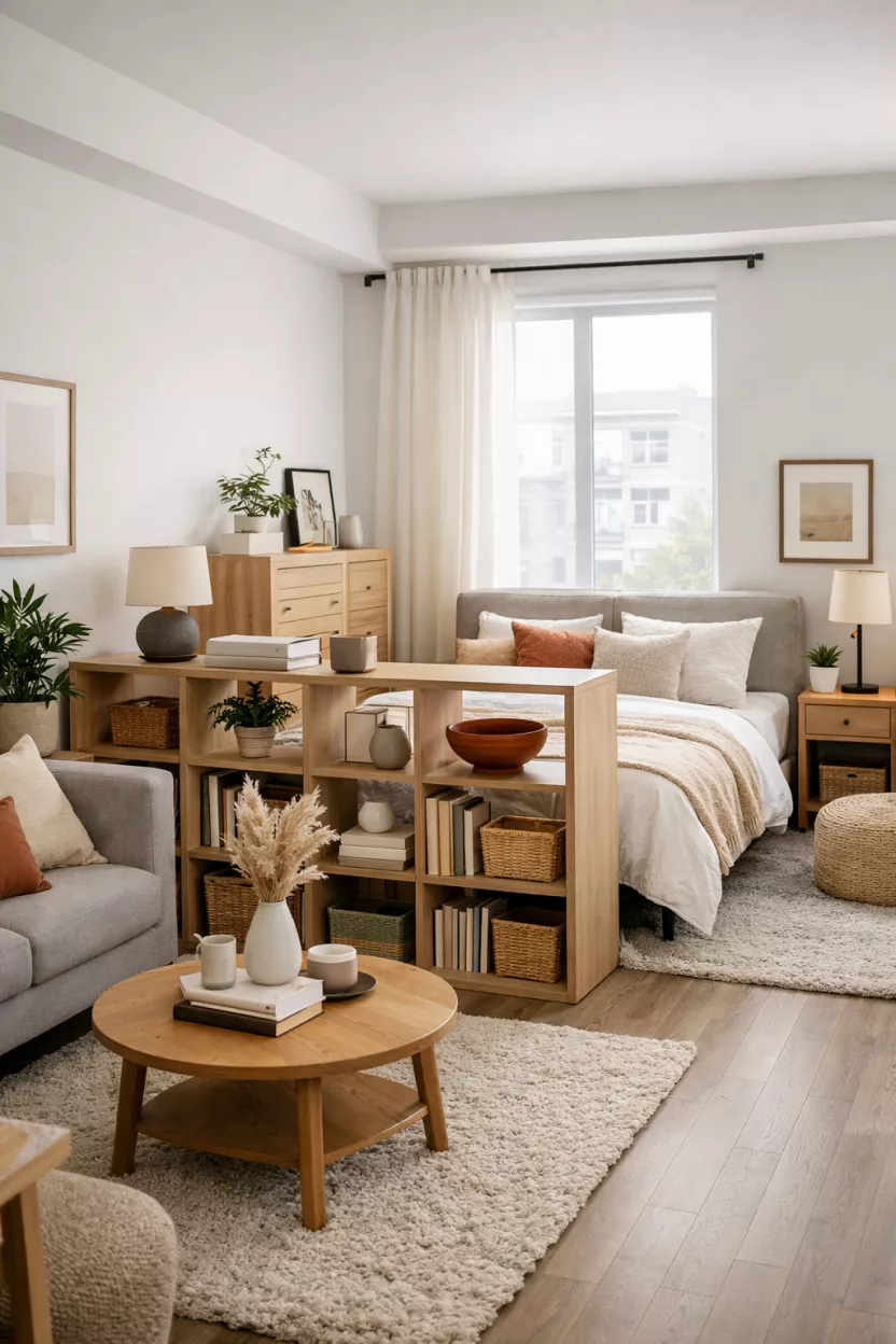 A studio apartment utilizing a soft room divider, like an open shelving unit or a low console, to subtly separate the living area from the sleeping zone without blocking natural light.