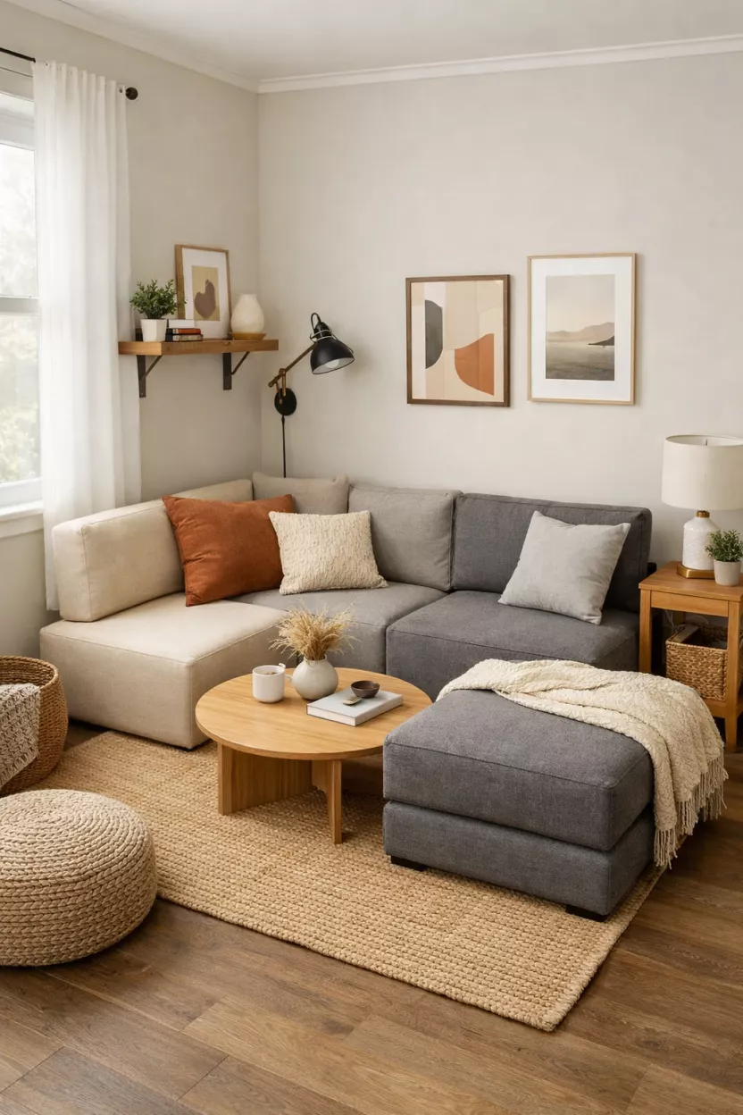 A small living room utilizing a compact modular sofa with armless sections, allowing for rearrangement and reducing visual bulk, making it versatile for micro layouts and tricky corners.