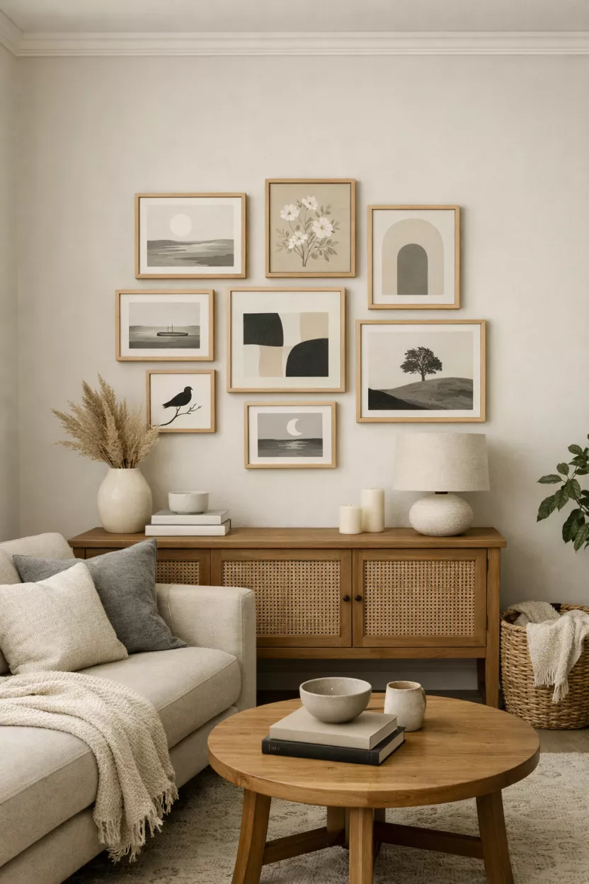 A small living room featuring a micro gallery wall above the console, with a cohesive collection of frames in the same color and a limited color palette, creating concentrated visual interest.