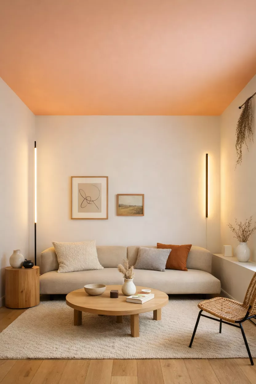 A small living room where the ceiling is painted in a soft color, drawing the eye upward, complemented by a low sofa and slim lighting fixtures to emphasize the vertical space and create an airy feel.