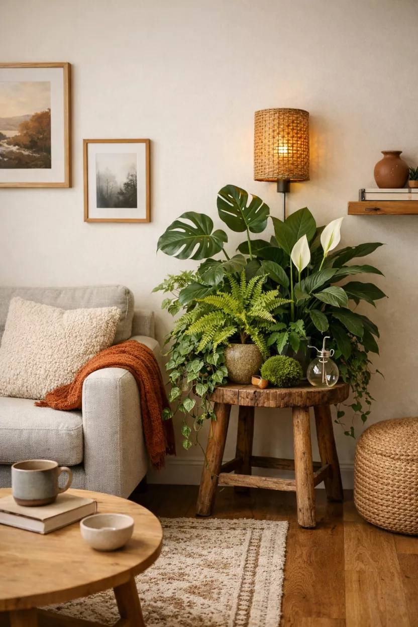 A small living room featuring a biophilic corner with a lush cluster of plants on a stool, creating a strong nature moment without overwhelming the compact space.