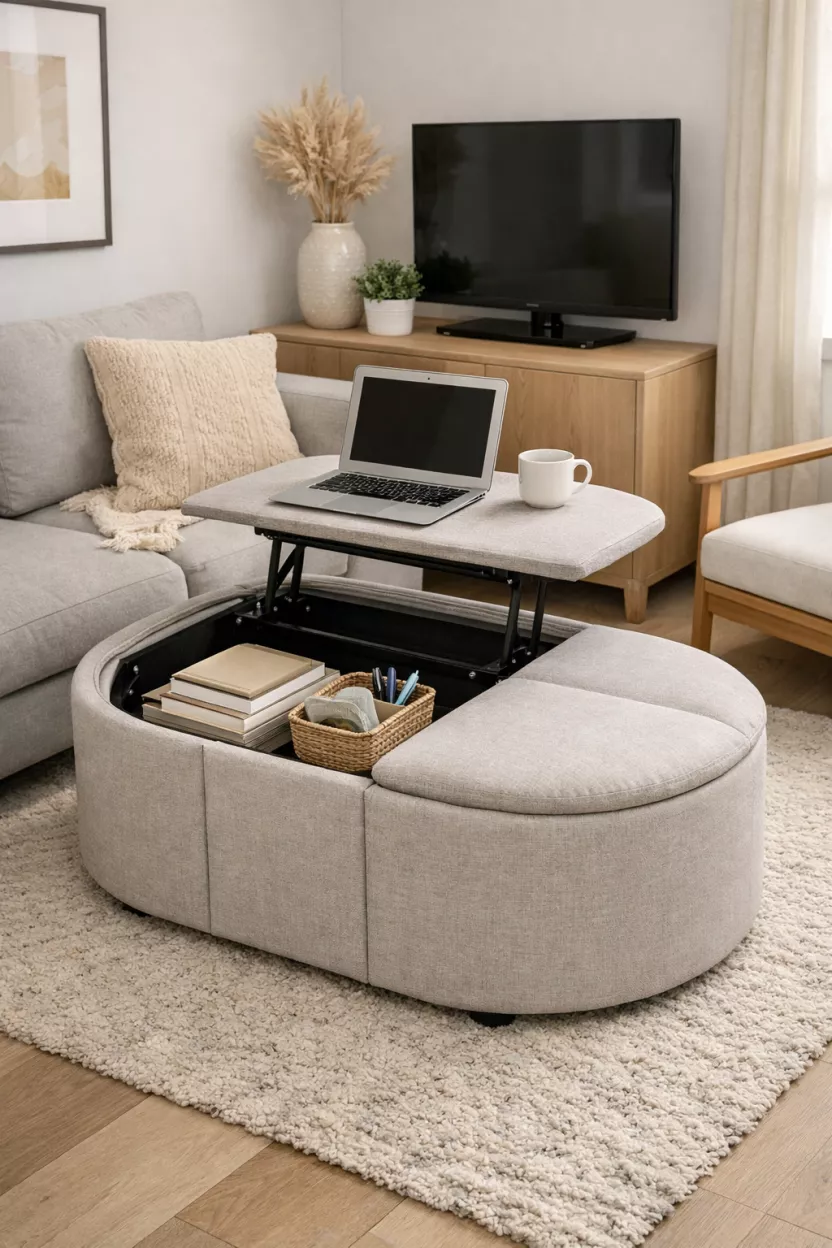 A small living room featuring a dual-purpose, rounded coffee table with hidden storage and a lift-top mechanism, effectively serving as a desk and extra seating, chosen for its space efficiency and soft edges.