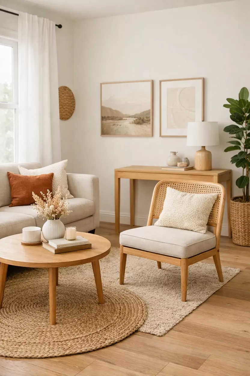 A small living room featuring a petite accent chair with visible legs and an airy frame, chosen over a bulky armchair to keep sightlines open and make the compact room feel less crowded.