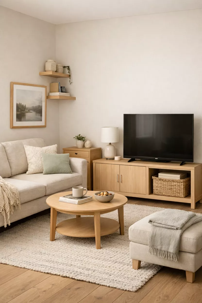 A tranquil small living room with hidden tech elements like cord covers and closed storage for chargers, creating a visually quiet and restful space.