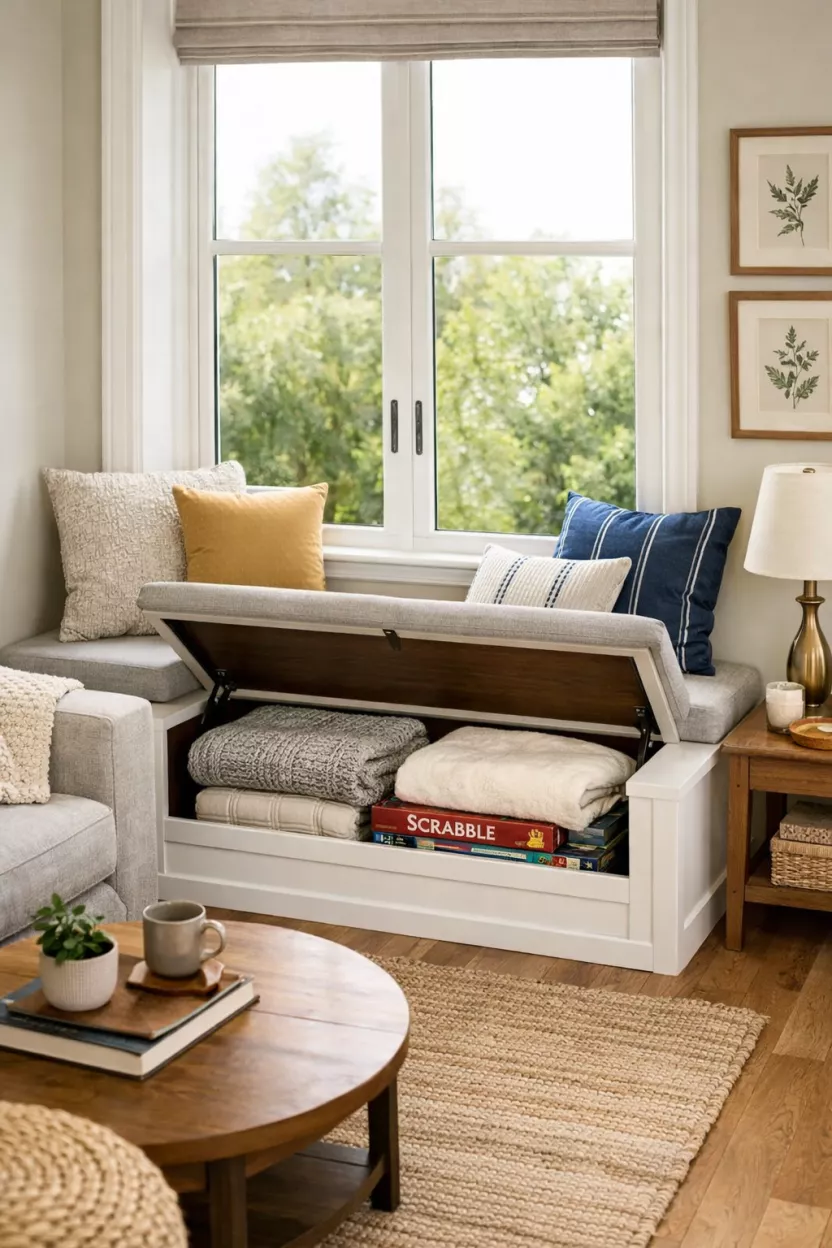A small living room featuring a slim window seat with hidden storage, topped with cushions to double as extra seating for guests and providing a functional, clutter-free solution for blankets and games.