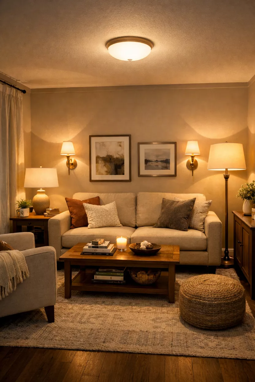 A small living room with soft, layered lighting created by combining a simple overhead light with floor lamps, table lamps, and wall sconces, making the compact room feel more expensive and flexible.