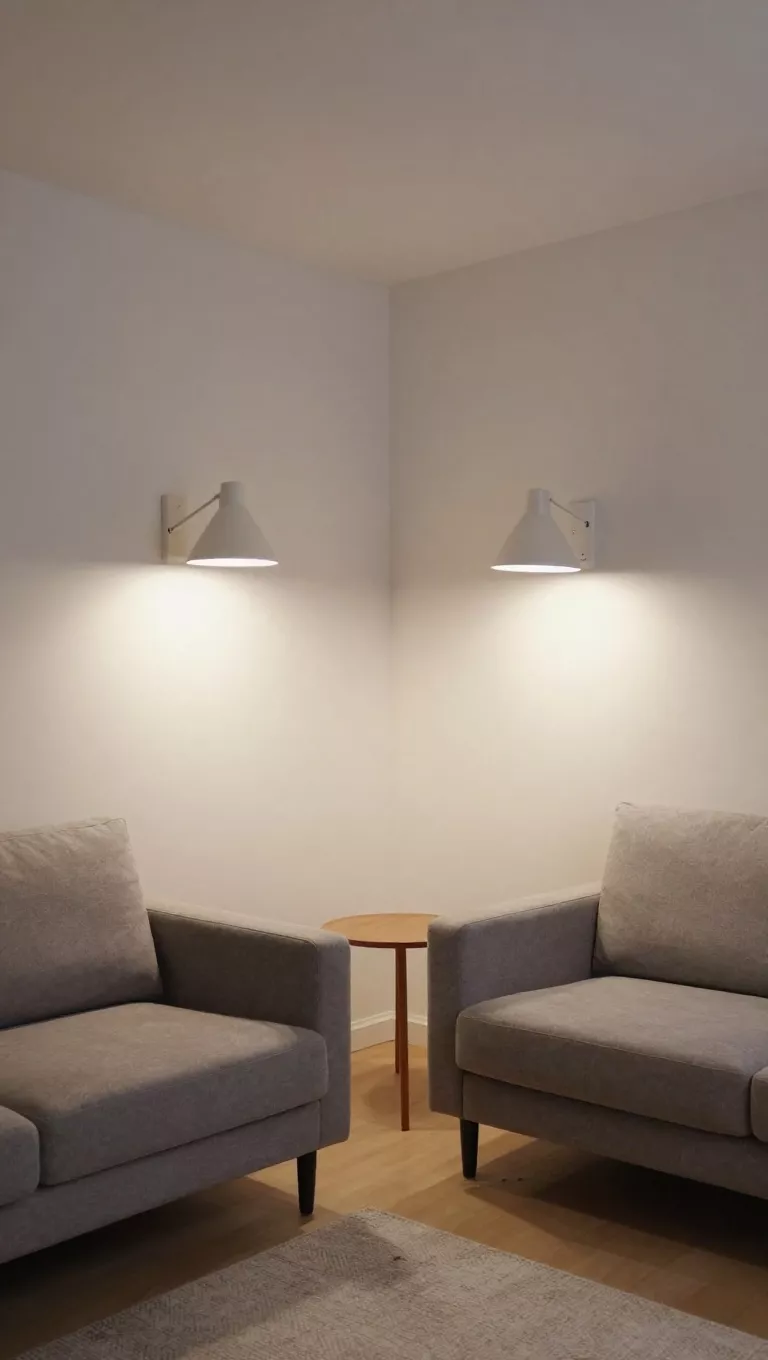 A small living room utilizing plug-in wall sconces with adjustable arms placed around the sofa, freeing up floor space and directing light where needed without crowding small side tables.