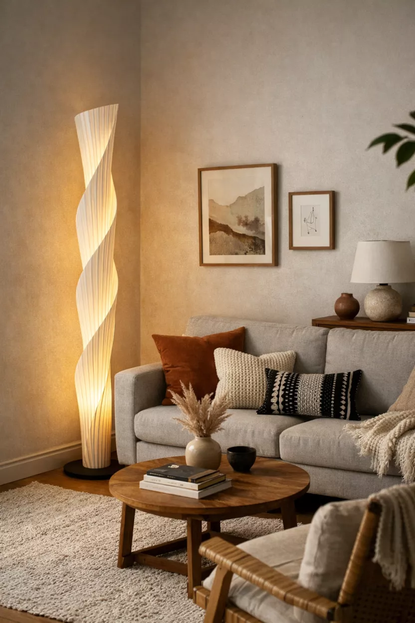 A small living room featuring a tall, slender statement floor lamp with a sculptural form, placed in a corner to add personality, frame the seating area, and draw the eye upward without occupying much visual space.
