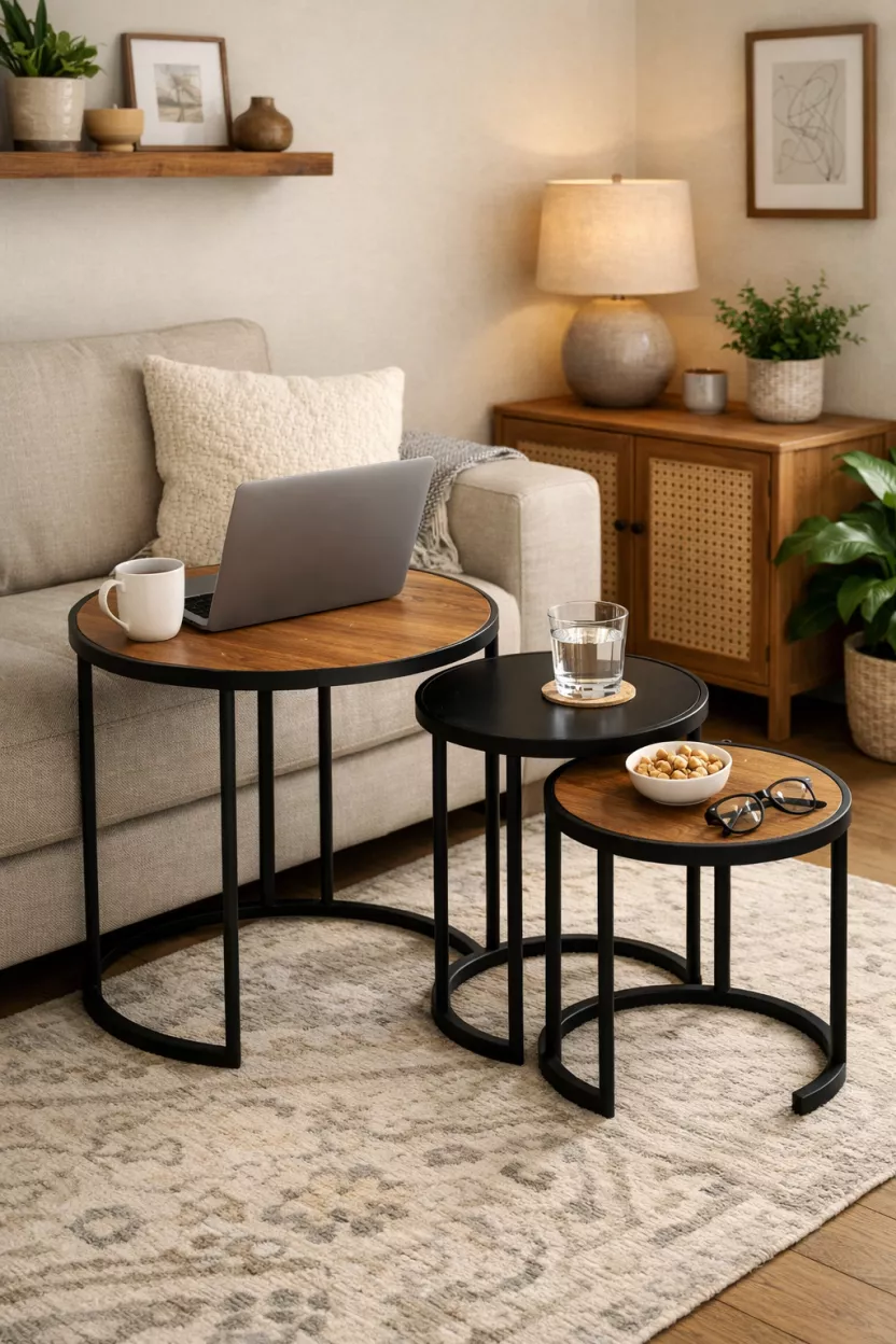 A small living room featuring small nesting side tables, offering flexible surfaces for drinks and laptops that can be tucked away or spread out as needed without cluttering the tiny space.