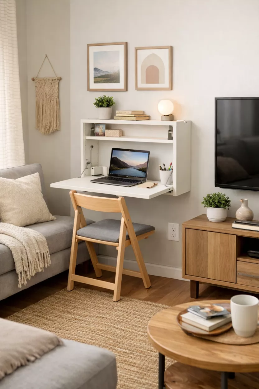 A small living room integrating a slim, fold-down desk with a lightweight chair that can slide under, creating a tiny work-from-home zone without permanently occupying floor space.