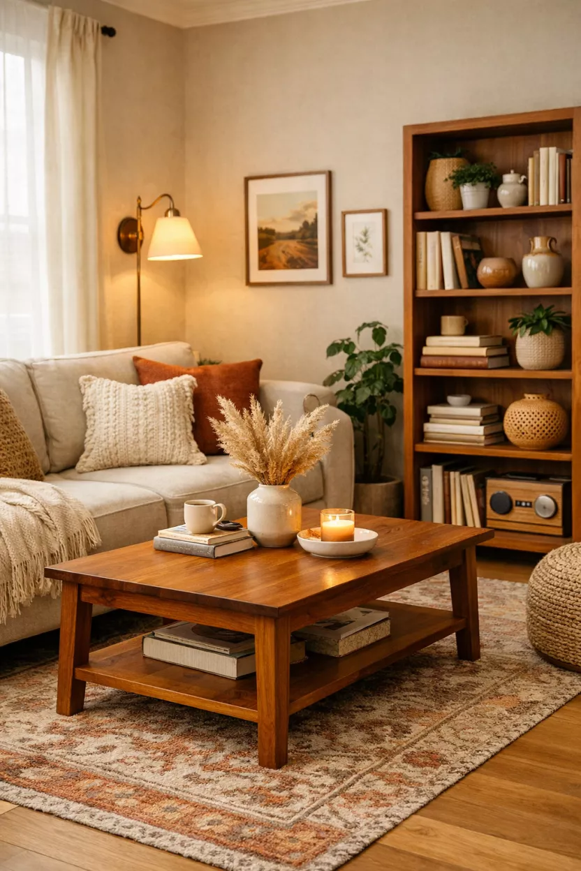 A small living room infused with warmth through one or two key pieces of medium-toned wood furniture, such as a coffee table or shelving, grounding the space and adding a cozy feel.