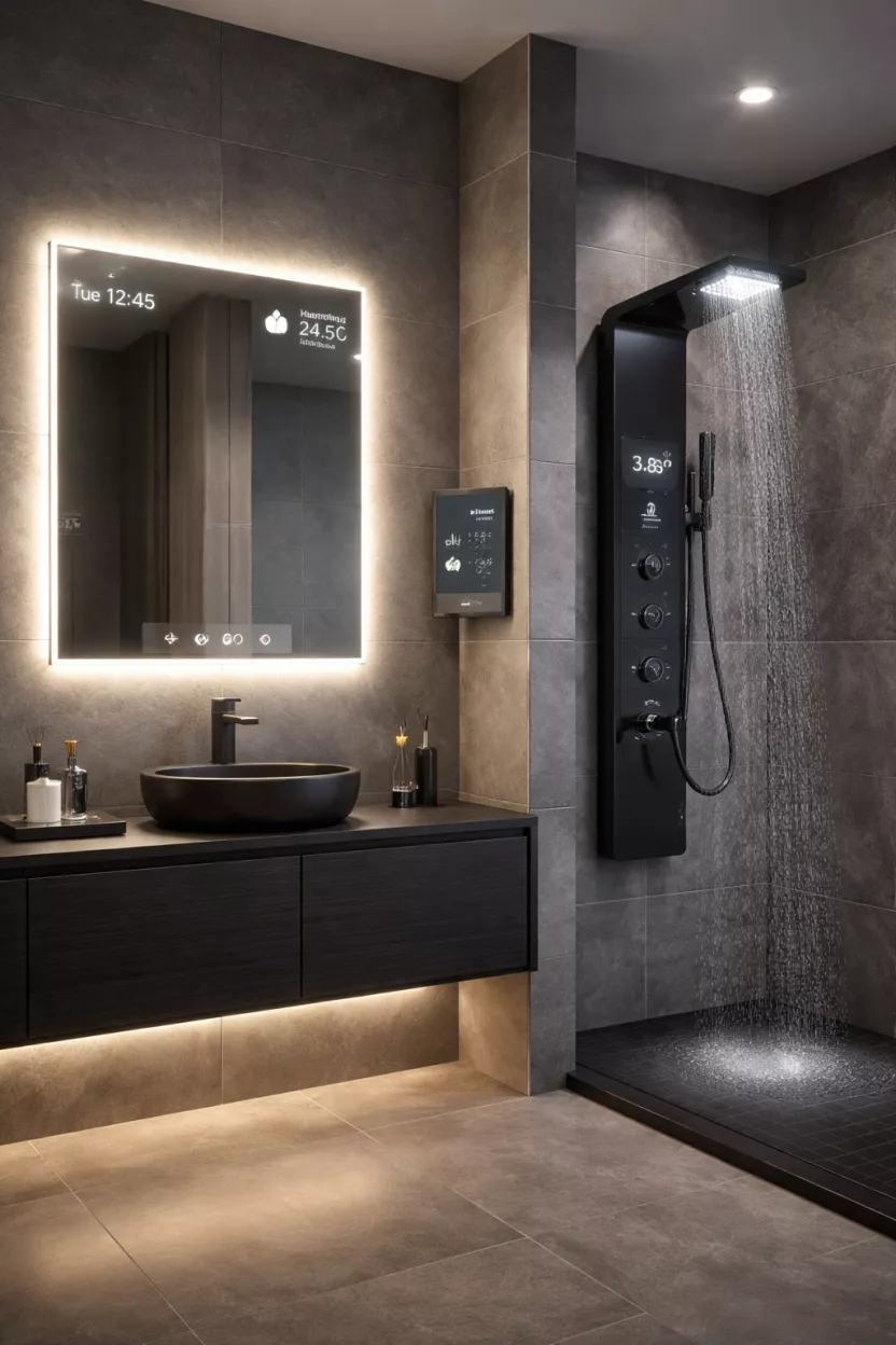 A realistic photo of a high-tech bathroom with a glowing LED smart mirror, a sleek black voice-activated shower panel, and a wall-mounted glass touchscreen humdity controller.