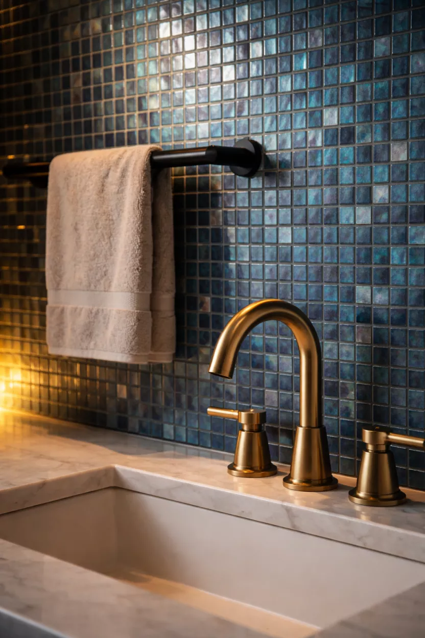 A realistic photo of a matte black towel rack, a brushed gold sink faucet, and iridescent blue mosaic tiles glowing under a warm light.