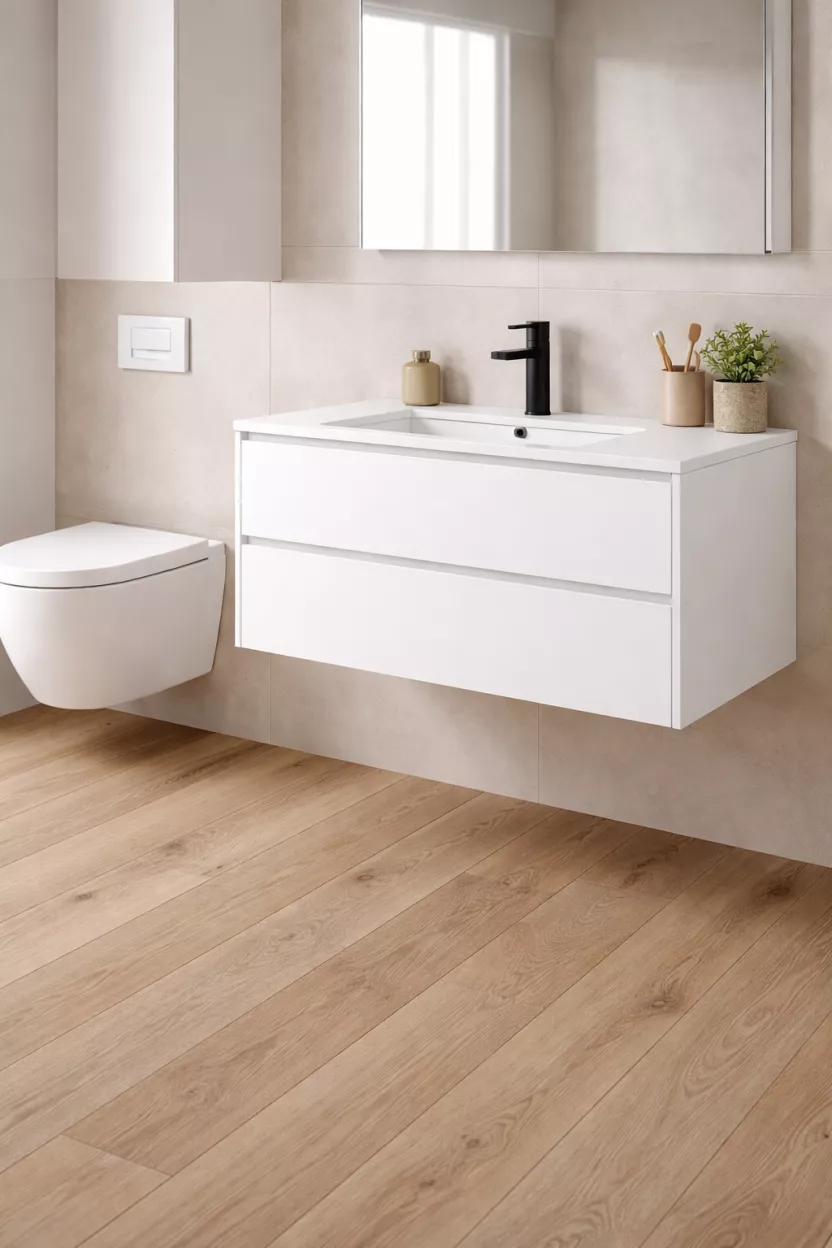 A realistic photo of a floating white vanity with two drawers, a wall-mounted white toilet, and light oak wood floors underneath.