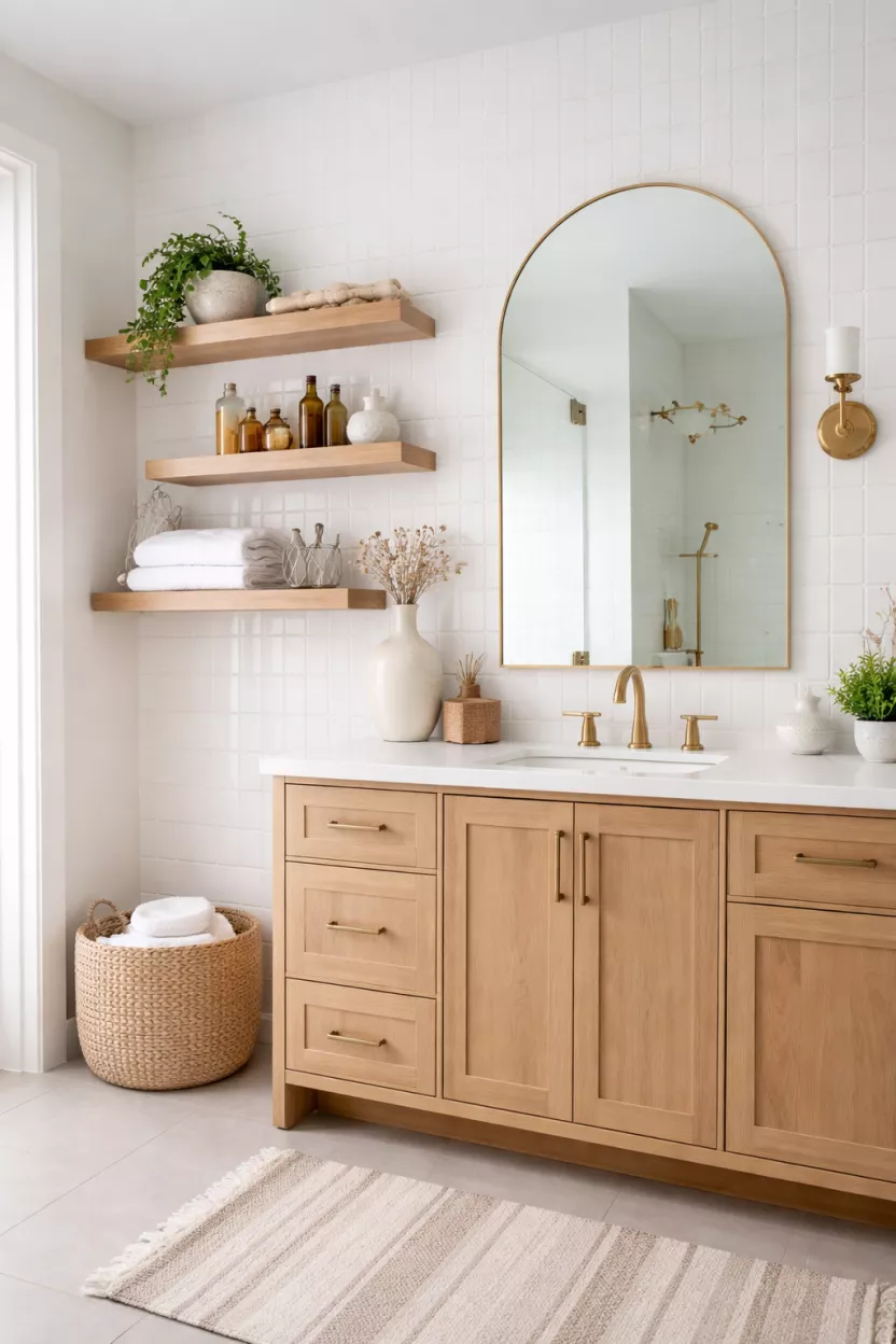 A realistic photo of a bathroom with an off-center vanity and staggered floating wooden shelves on a white tiled wall.