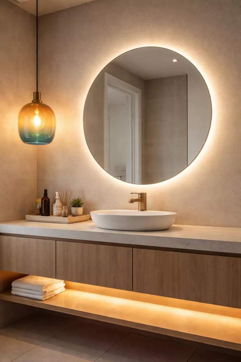 A realistic photo of a large backlit circular mirror, a colorful glass pendant light hanging from the ceiling, and warm white LED strips under a floating cabinet.
