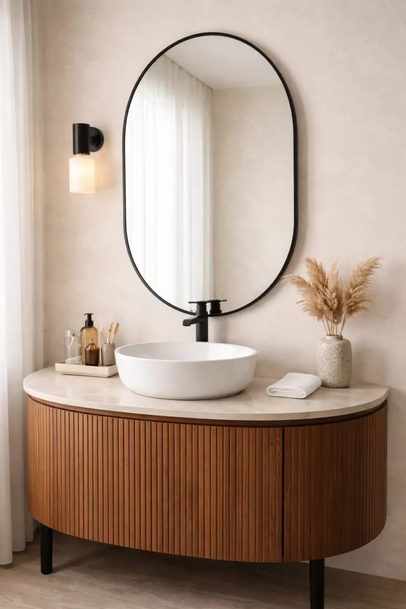 A realistic photo of a curved wood vanity with a round white vessel sink and a large oval mirror with a thin black frame.