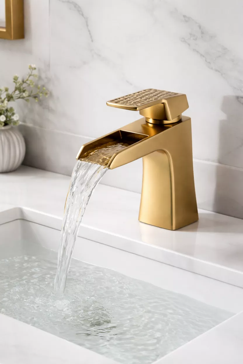 A realistic photo of a matte gold waterfall faucet with a unique geometric design on a white countertop.