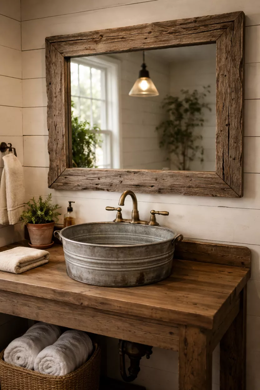 A realistic photo of a bathroom mirror framed with weather-beaten reclaimed wood and a sink made from a vintage galvanized metal bucket.
