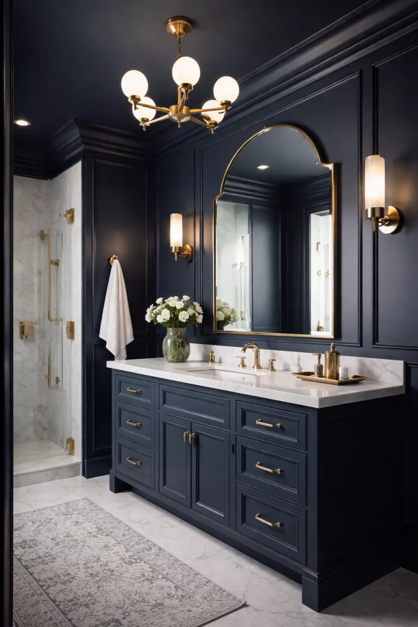 A realistic photo of a bathroom where the walls, ceiling, and vanity are all painted in a deep moody navy blue with brass hardware.
