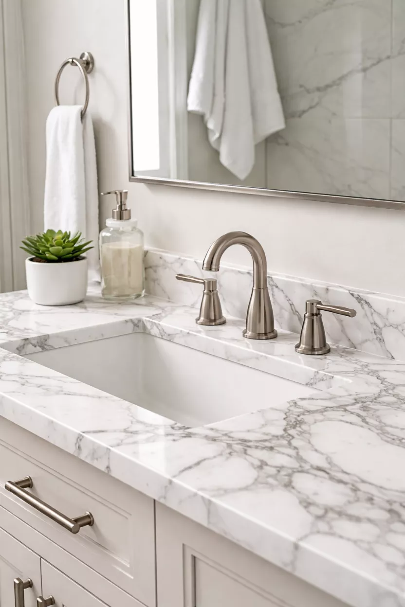 A realistic photo of a bathroom vanity with a white marble slab featuring thick gray veins, a brushed nickel faucet, and a small potted green succulent.
