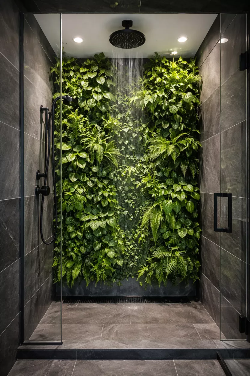 A realistic photo of a lush green hydroponic plant wall inside a shower area with dark gray slate tiles and a glass door.