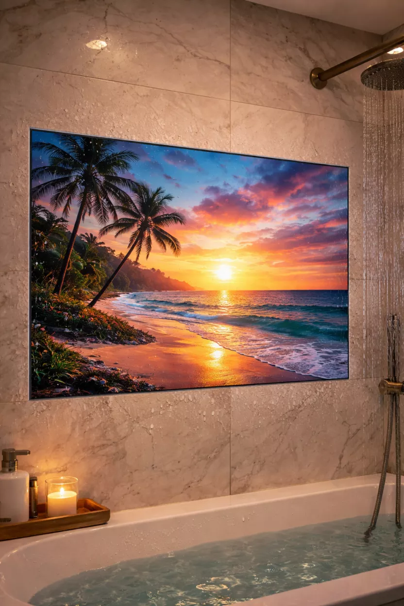 A realistic photo of a waterproof LED screen on a bathroom wall showing a peaceful sunset beach scene in vibrant colors.