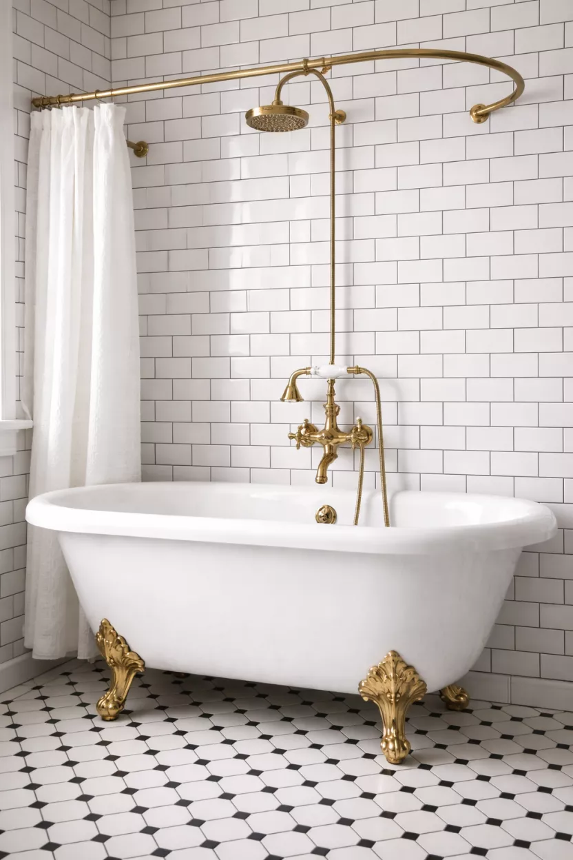 A realistic photo of a classic white clawfoot tub with polished brass feet, white subway tiles with dark grout, and a vintage brass shower head.