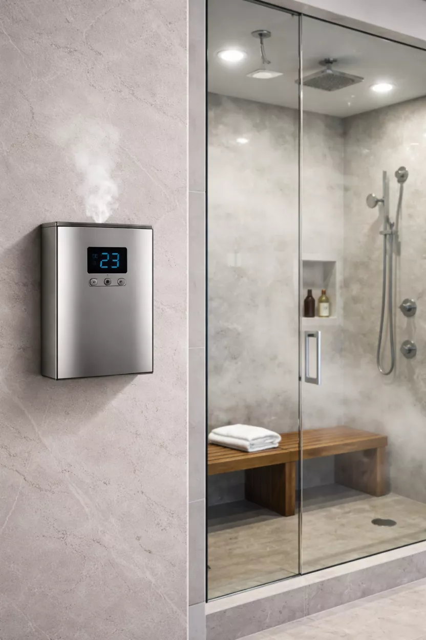 A realistic photo of a built-in metal essential oil diffuser on a bathroom wall near a glass steam shower enclosure with a wooden bench.