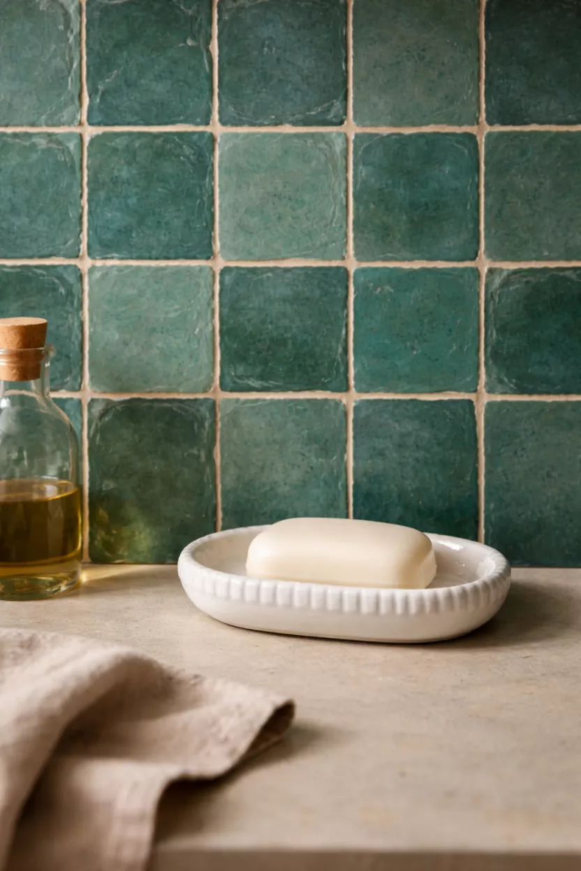 A realistic photo of teal green handmade zellige tiles on a backsplash with uneven edges and glossy finish, featuring a small white ceramic soap dish.