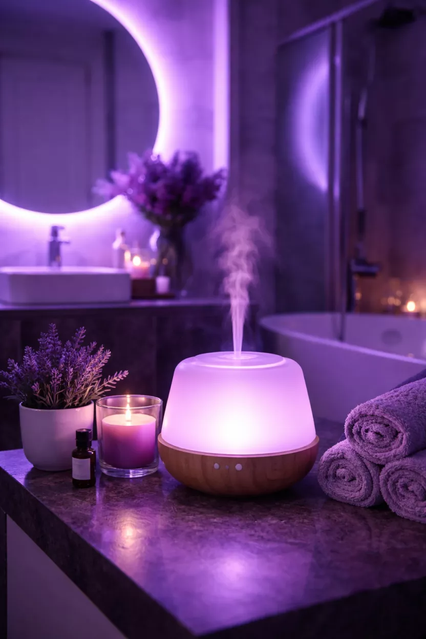 A realistic photo of a bathroom with purple mood lighting and a small ultrasonic aroma diffuser emitting a gentle mist.