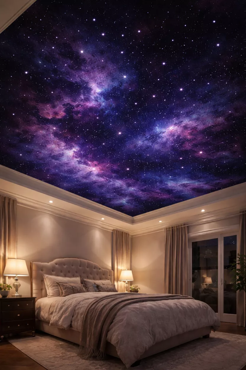 A realistic photo of a bedroom ceiling painted with a deep indigo and purple galaxy mural, featuring tiny twinkling fiber optic star lights embedded in the surface.