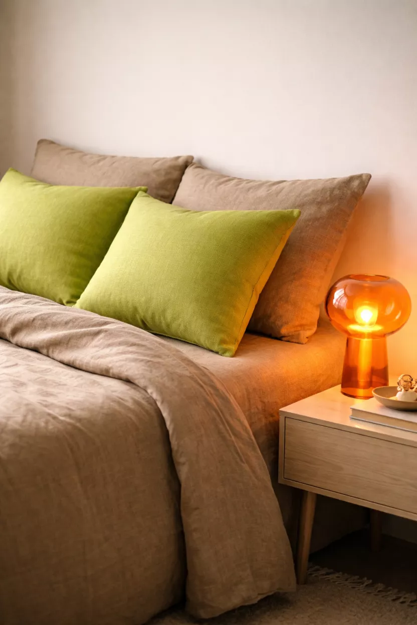 A realistic photo of a khaki colored linen bed with two bright sage green neon accent pillows and a muted rust orange neon glass desk lamp on a nearby table.
