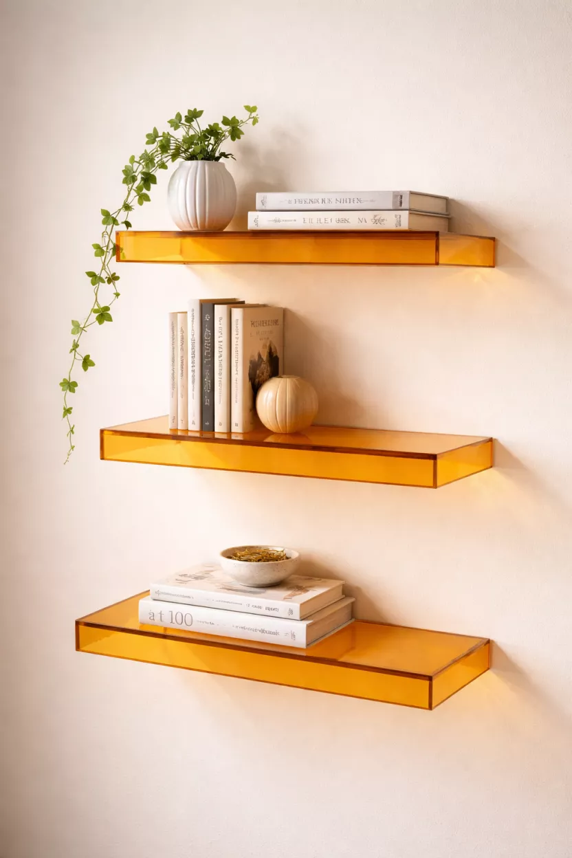 A realistic photo of three translucent amber acrylic floating shelves mounted on a wall with invisible brackets, holding a few books and a small trailing ivy plant.