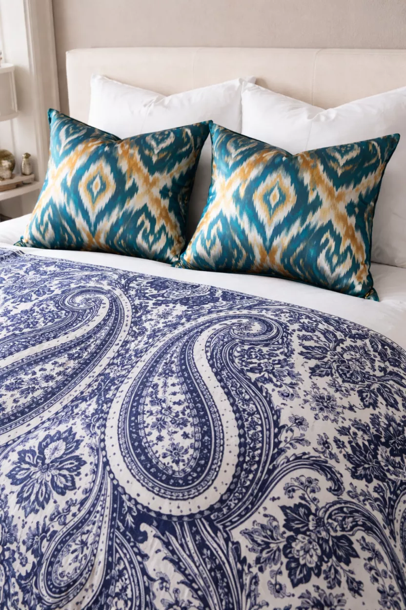 A realistic photo of a bed with a large scale navy and white paisley duvet cover, paired with two silk ikat print pillows in vibrant teal and gold colors.